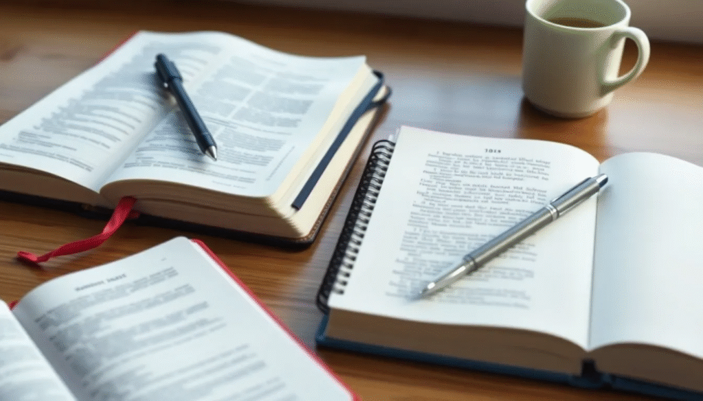 A Bible and notebook on a peaceful morning desk setup.