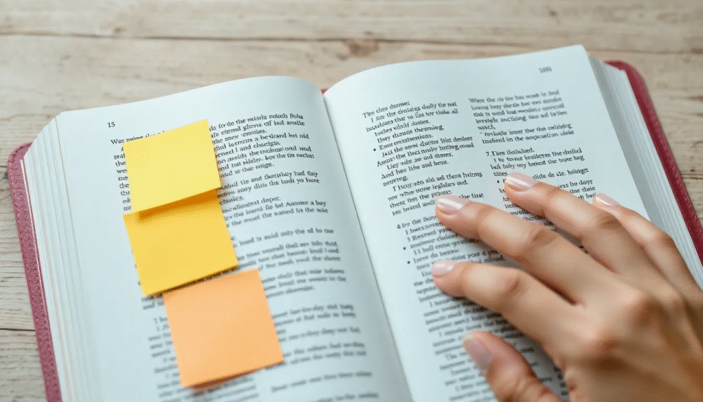 A hand turning Bible pages with sticky notes marking sections.