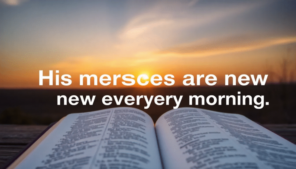 A sunrise photo with an open Bible and the text overlay “His mercies are new every morning” (Lamentations 3:23).